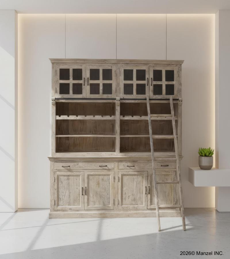 SOLID WOOD & GLASS 2 PC HUTCH + CABINET W/ LADDER