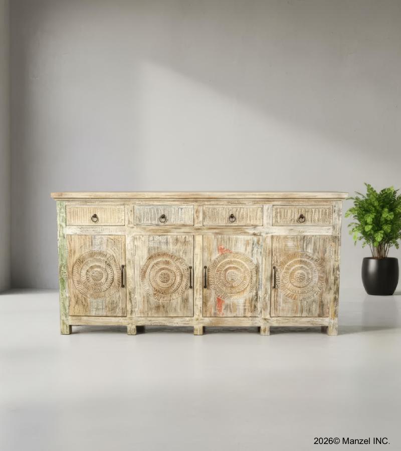 SOLID RECLAIMED HAND CARVED TEAK WOOD SIDEBOARD CABINET W/ 4 DRAWERS & 4 DOORS