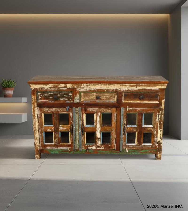 SOLID RECLAIMED TEAK WOOD & GLASS SIDEBOARD CABINET W/ 3 DRAWERS & 3 DOORS