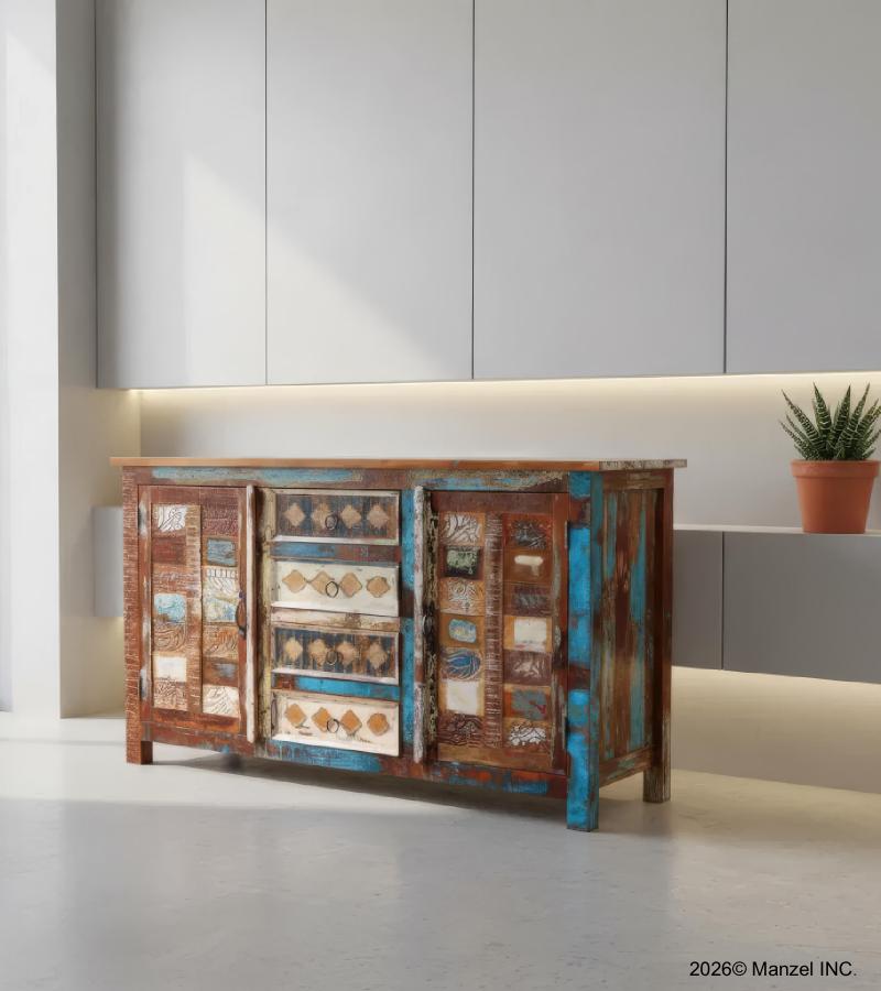 SOLID RECLAIMED HAND CARVED TEAK WOOD W/ 4 DRAWERS & 2 DOORS SIDEBOARD CABINET