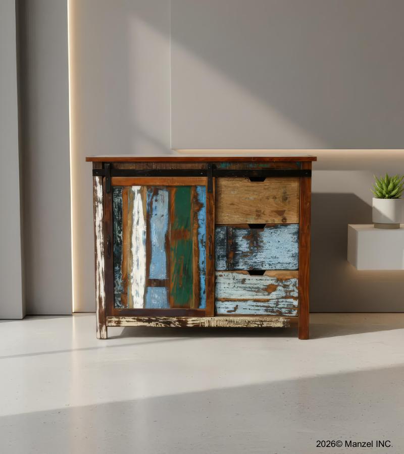 SOLID RECLAIMED TEAK WOOD CABINET SIDEBOARD W/ 1 SLIDING DOOR & 3 DRAWERS
