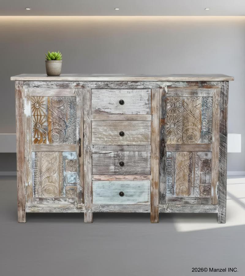 SOLID RECLAIMED HAND CARVED TEAK WOOD CABINET W/ 4 DRAWERS & 2 DOORS 