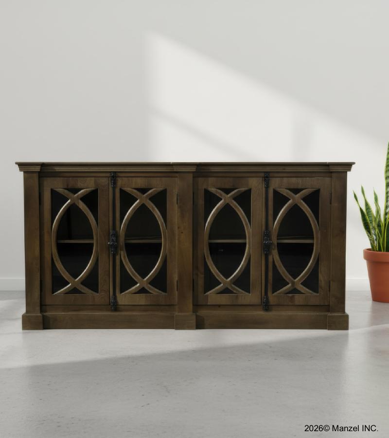 SOLID WOOD & GLASS SIDEBOARD CONSOLE W/ 4 DOORS