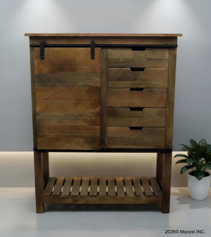 SOLID WOOD CABINET W/ 5 DRAWERS & SLIDING BARN DOOR W/ SHELVES