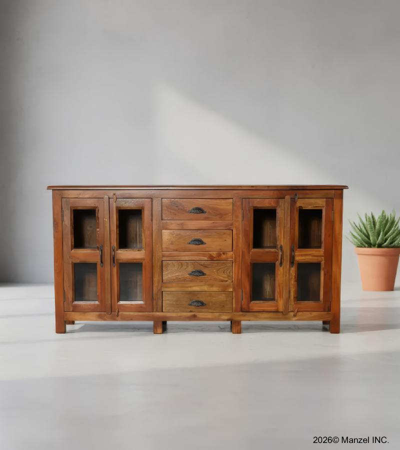 SOLID RECLAIMED TEAK WOOD & GLASS SIDEBOARD CABINET W/ 4 DRAWERS & 4 DOORS