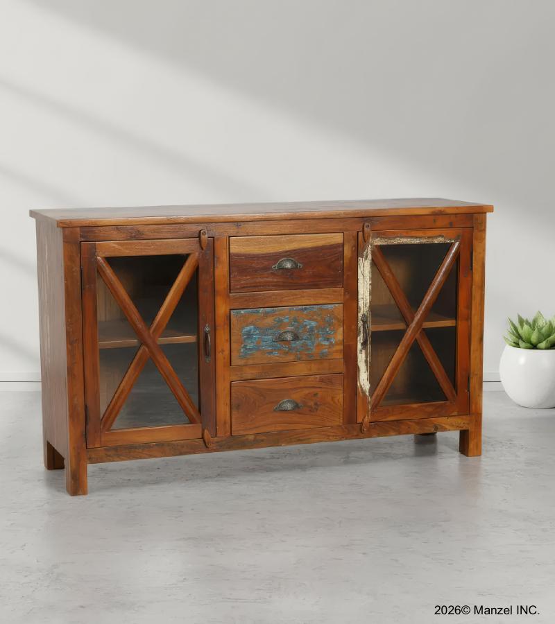 SOLID RECLAIMED TEAK WOOD & GLASS W/ 3 DRAWERS & 2 DOORS
