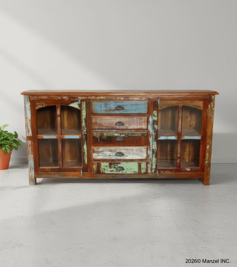 SOLID RECLAIMED TEAK WOOD & GLASS SIDEBOARD CABINET W/ 4 DRAWERS & 2 DOORS