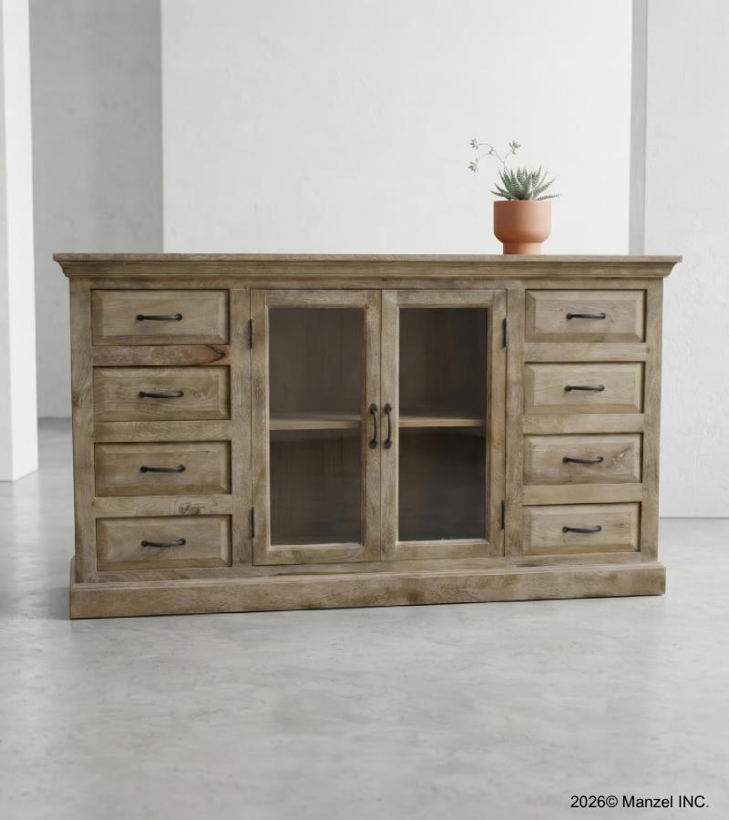 SOLID WOOD 8 DRAWERS 2 GLASS DOORS SIDEBOARD