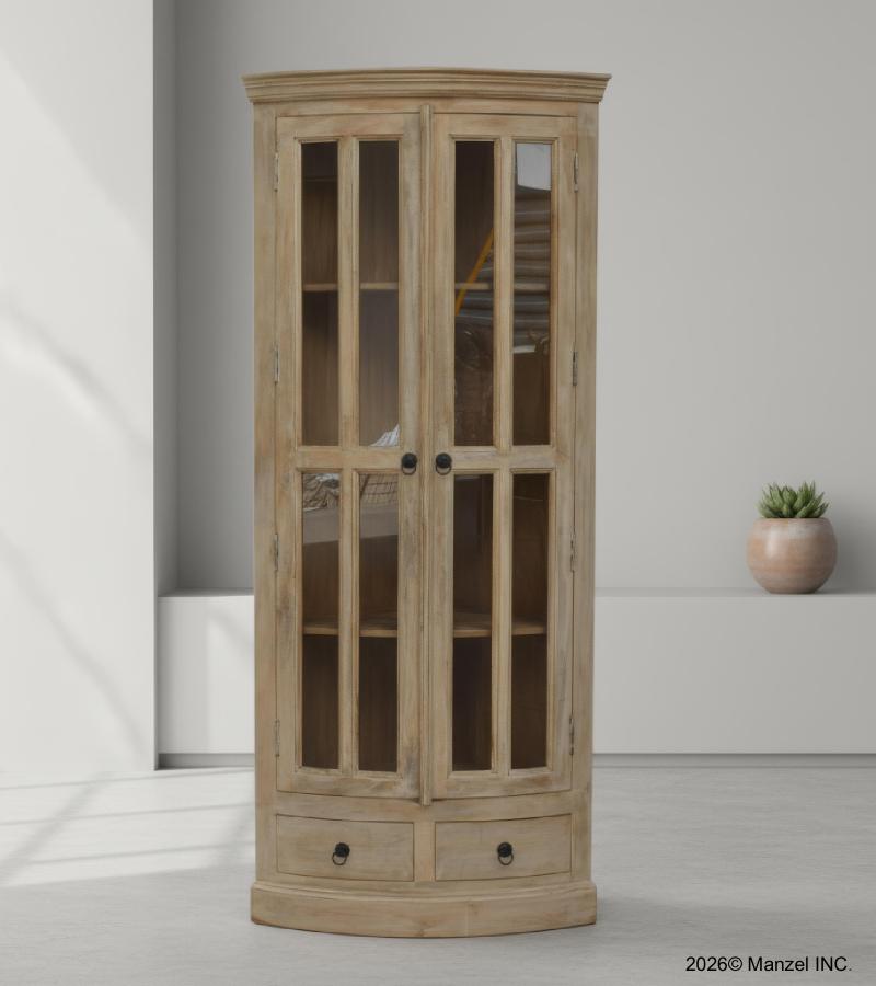 SOLID WOOD & GLASS CORNER CABINET W/ 2 DRAWERS