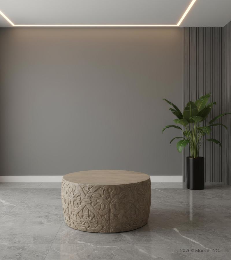 HAND CARVED SOLID WOOD ROUND COFFEE TABLE