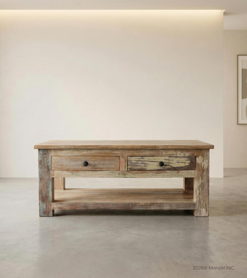 RECLAIMED TEAK 2 DRAWER WITH SHELF COFFEE TABLE