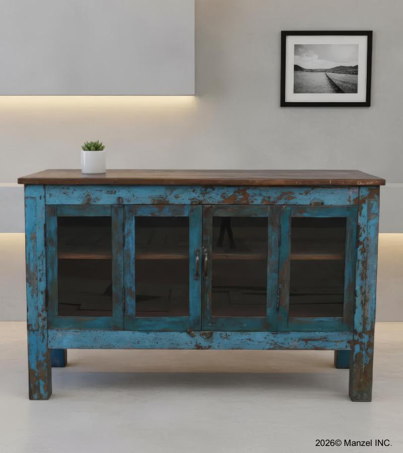 RECLAIMED TEAK & GLASS SIDEBOARD STORAGE DISPLAY 