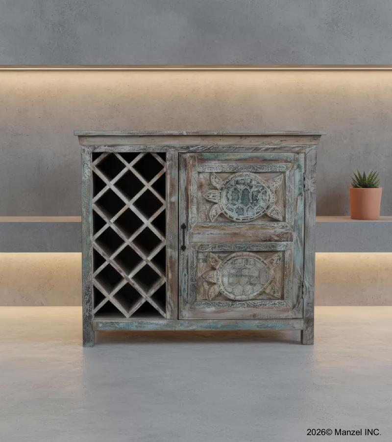 SOLID RECLAIMED TEAK WOOD WINE BAR W/ STORAGE & HAND CARVED TURTLES