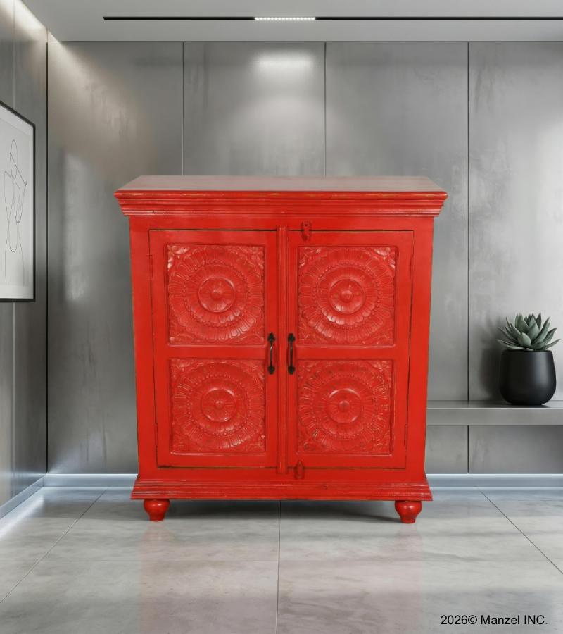 SOLID HAND CARVED RECLAIMED TEAK 2 DOOR DECORATIVE STORAGE CABINET