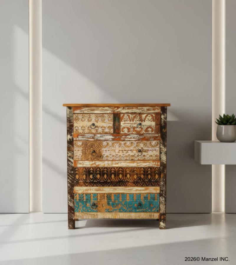 SOLID RECLAIMED TEAK WOOD HAND CARVED DRESSER BUREAU CABINET 5 DRAWERS