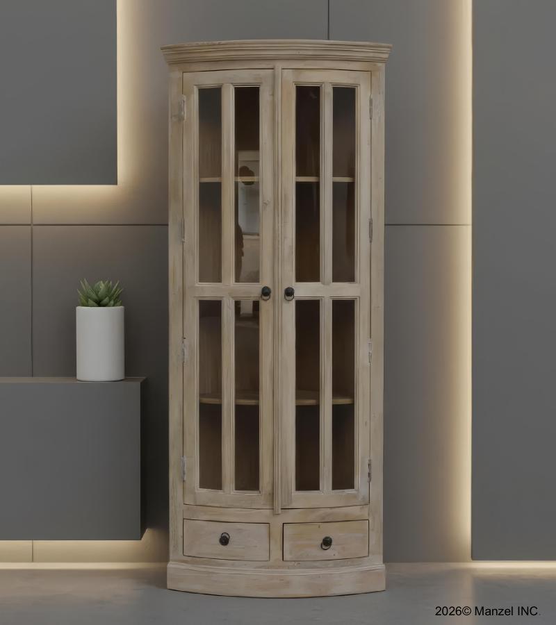 SOLID WOOD & GLASS CORNER CABINET W/ 2 DRAWERS