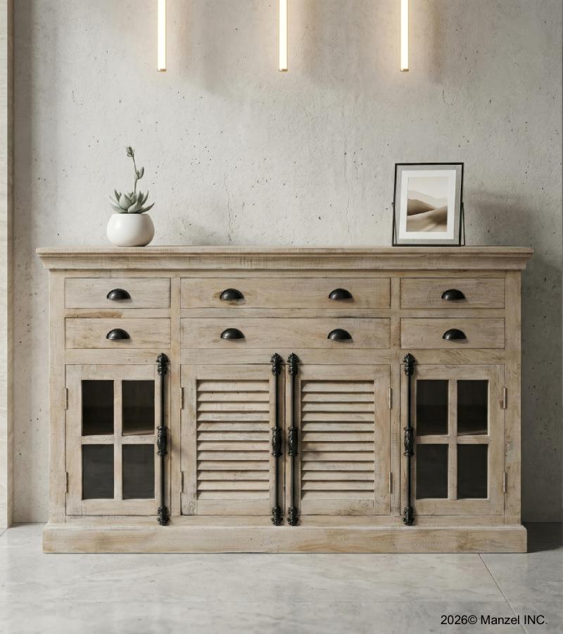 SOLID WOOD, GLASS & METAL SIDEBOARD W/ 8 DRAWERS & 4 DOORS