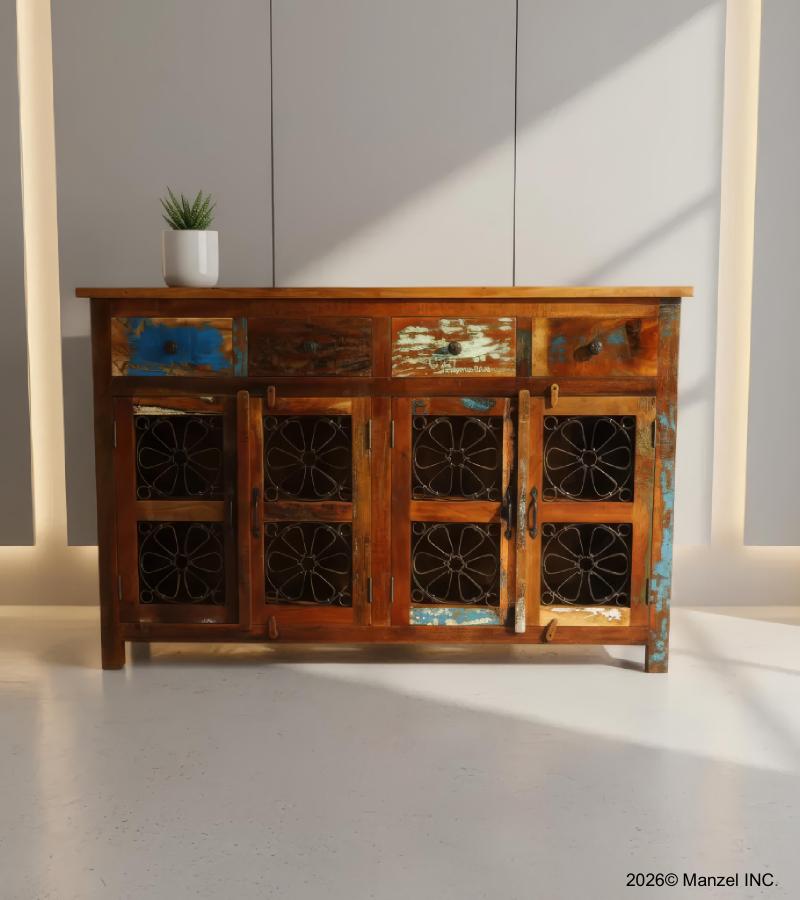 SOLID RECLAIMED TEAK WOOD SIDEBOARD W/ DECORATIVE IRON 4 DRAWERS & 4 DOORS