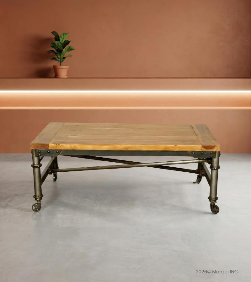 SOLID WOOD & IRON COFFEE TABLE ON WHEELS