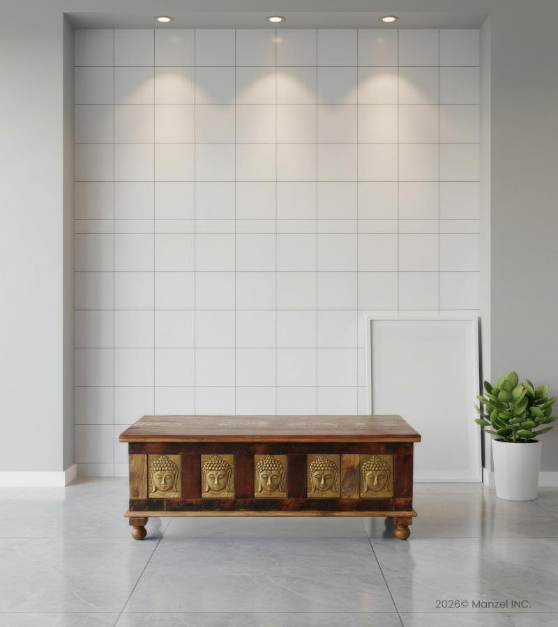 SOLID RECLAIMED TEAK W/ BRASS FITTED BUDDHA CASTINGS TRUNK COFFEE TABLE BLANKET CHEST