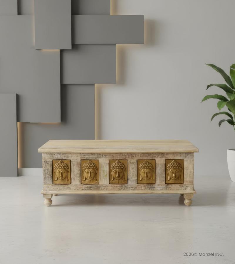 SOLID RECLAIMED TEAK W/ BRASS FITTED BUDDHA CASTINGS TRUNK COFFEE TABLE BLANKET CHEST