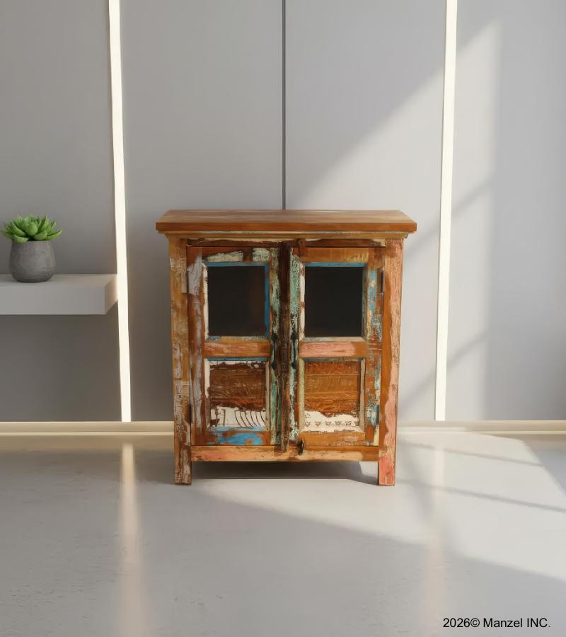 RECLAIMED TEAK CARVED WOOD & GLASS CABINET