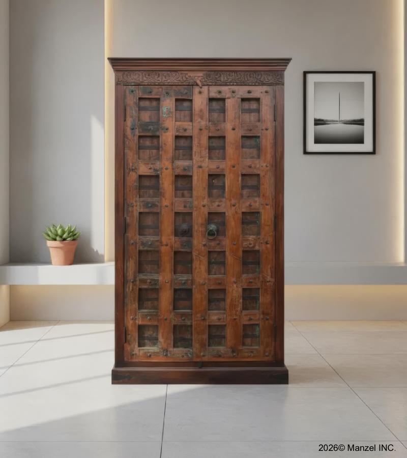 STUNNING RECLAIMED TEAK WITH DECORATIVE METAL STORAGE CABINET