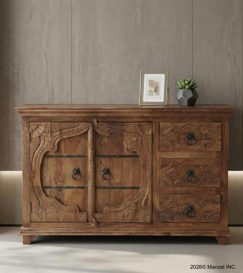 HAND CARVED SOLID WOOD SIDEBOARD 3 DRAWERS 2 DOORS
