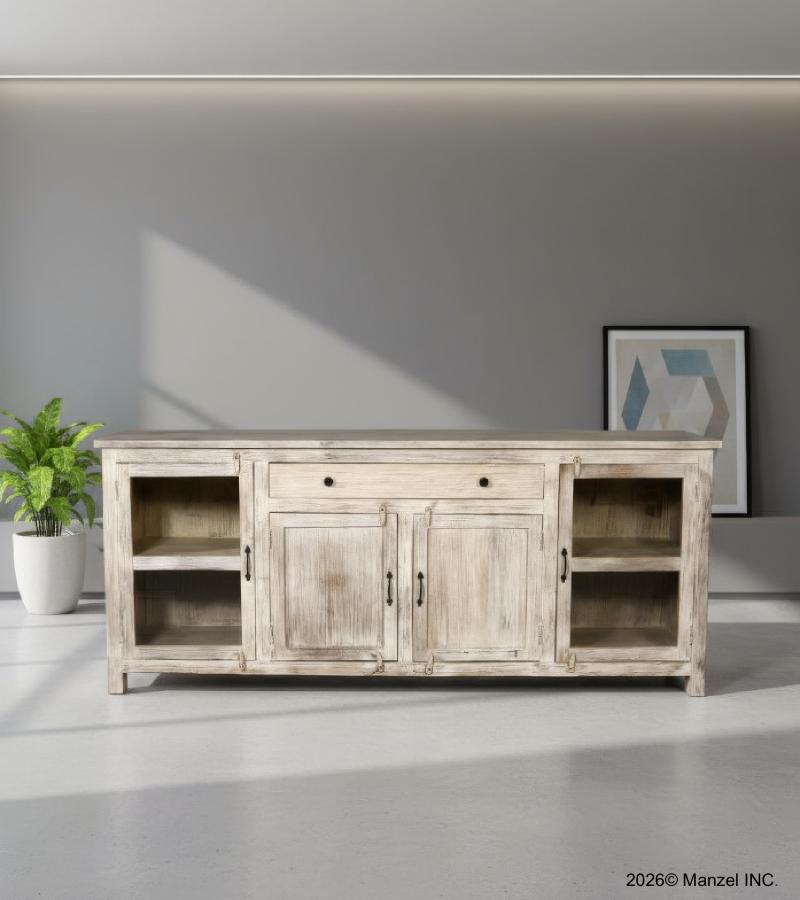 SOLID RECLAIMED TEAK WOOD & GLASS CABINET SIDEBOARD W/ 4 DOORS & 1 DRAWER