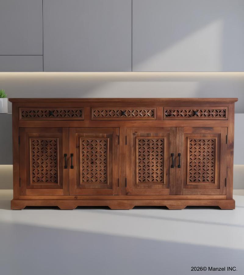 CARVED WOOD SIDEBOARD W/ 4 DOORS & 3 DRAWERS