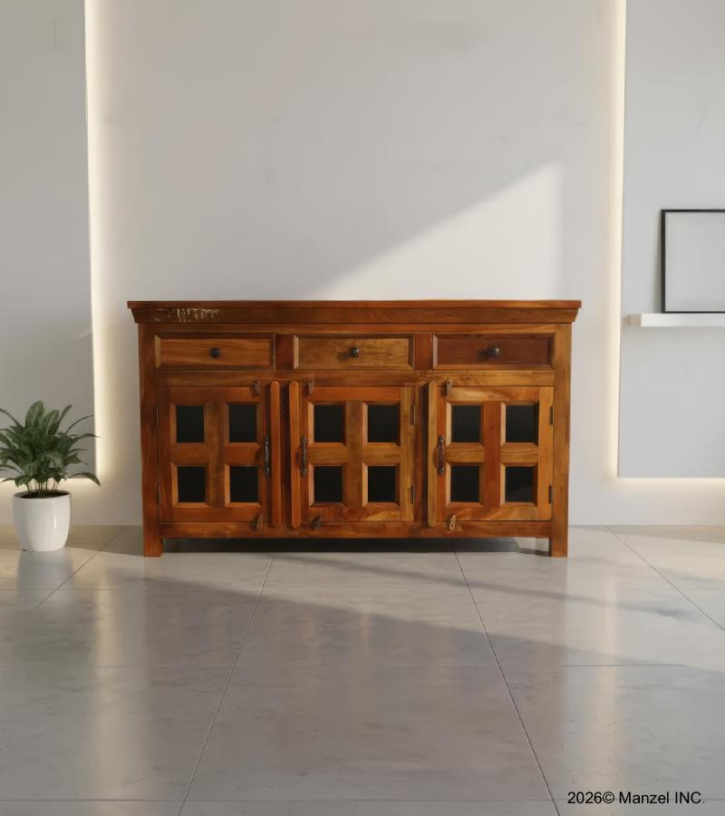 SOLID RECLAIMED TEAK WOOD & GLASS SIDEBOARD CABINET W/ 3 DRAWERS & 3 DOORS
