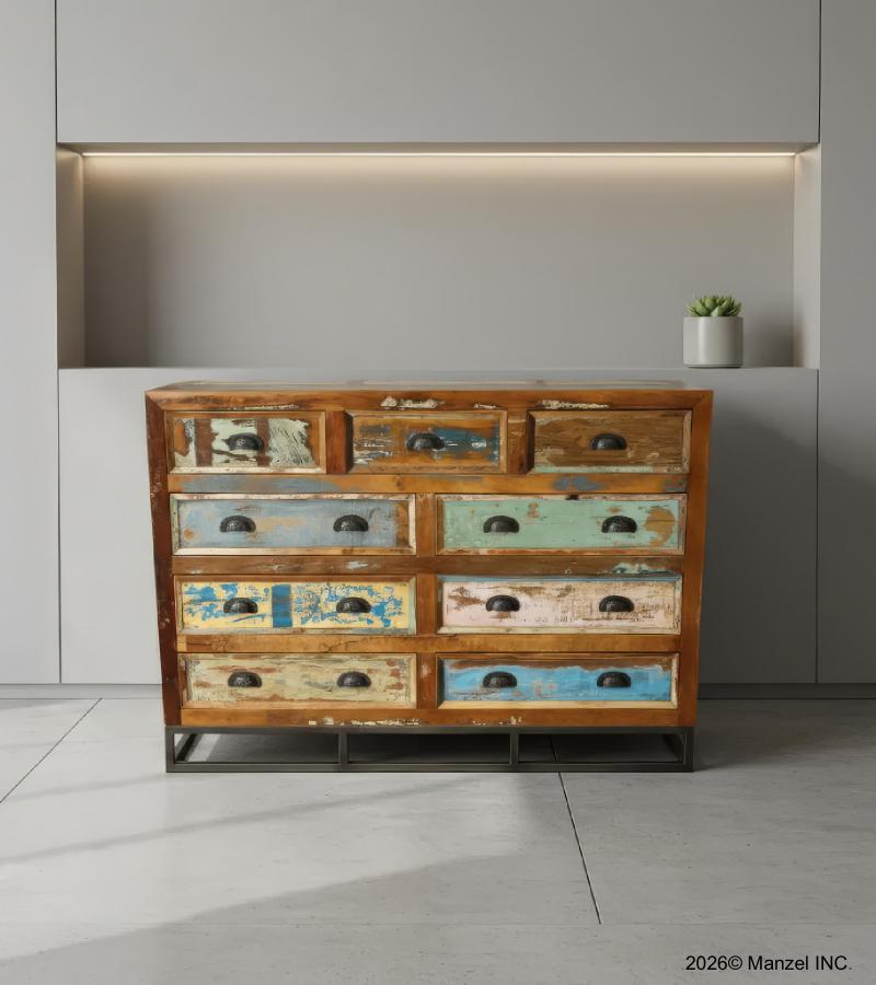 SOLID RECLAIMED TEAK WOOD 9 DRAWER DRESSER CHEST BUREAU SIDEBOARD