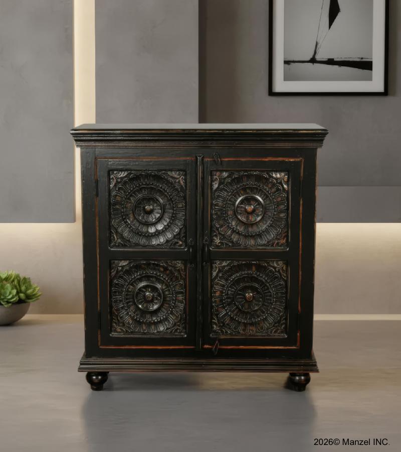 SOLID HAND CARVED RECLAIMED TEAK 2 DOOR DECORATIVE STORAGE CABINET