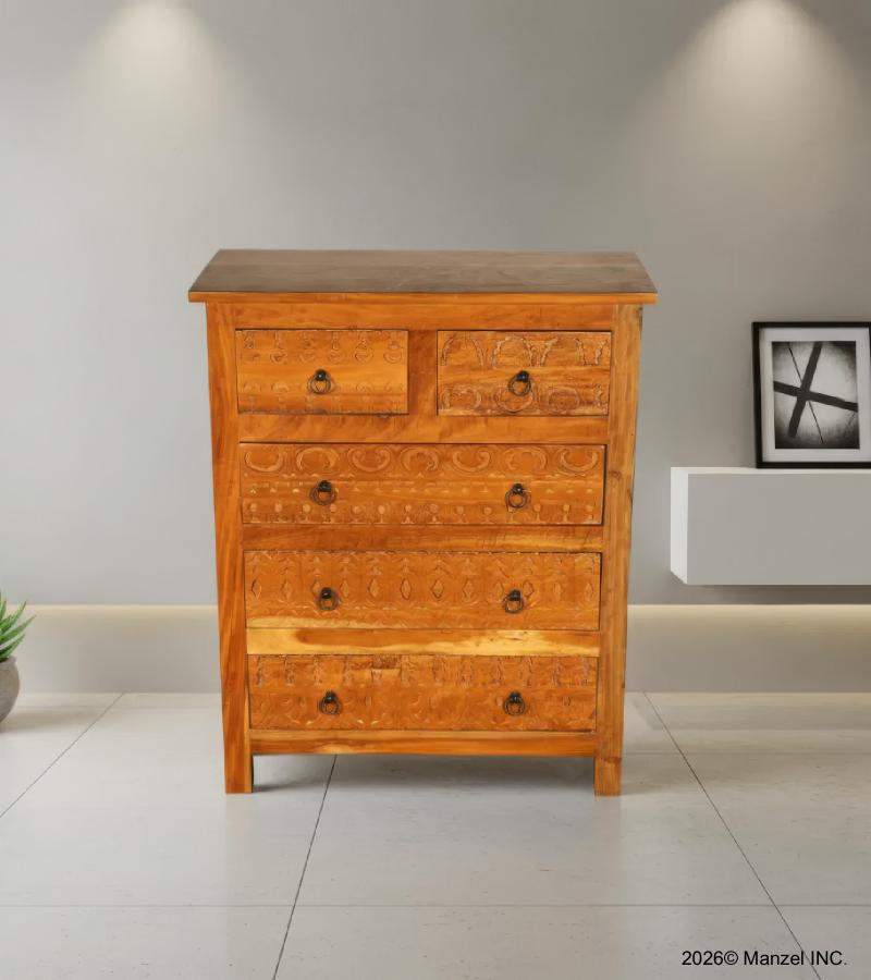SOLID RECLAIMED TEAK WOOD HAND CARVED DRESSER BUREAU CABINET 5 DRAWERS