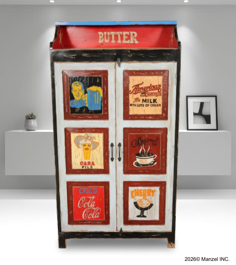 SOLID WOOD HAND PAINTED ADVERTISING 2 DOOR STORAGE CABINET