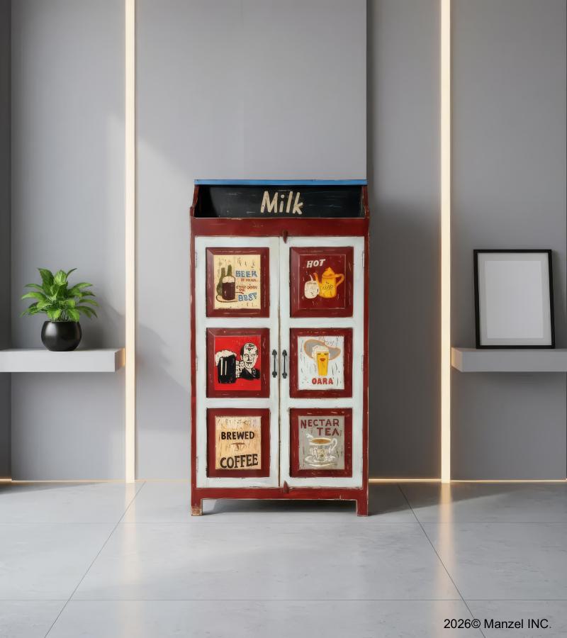 SOLID WOOD HAND PAINTED ADVERTISING 2 DOOR STORAGE CABINET