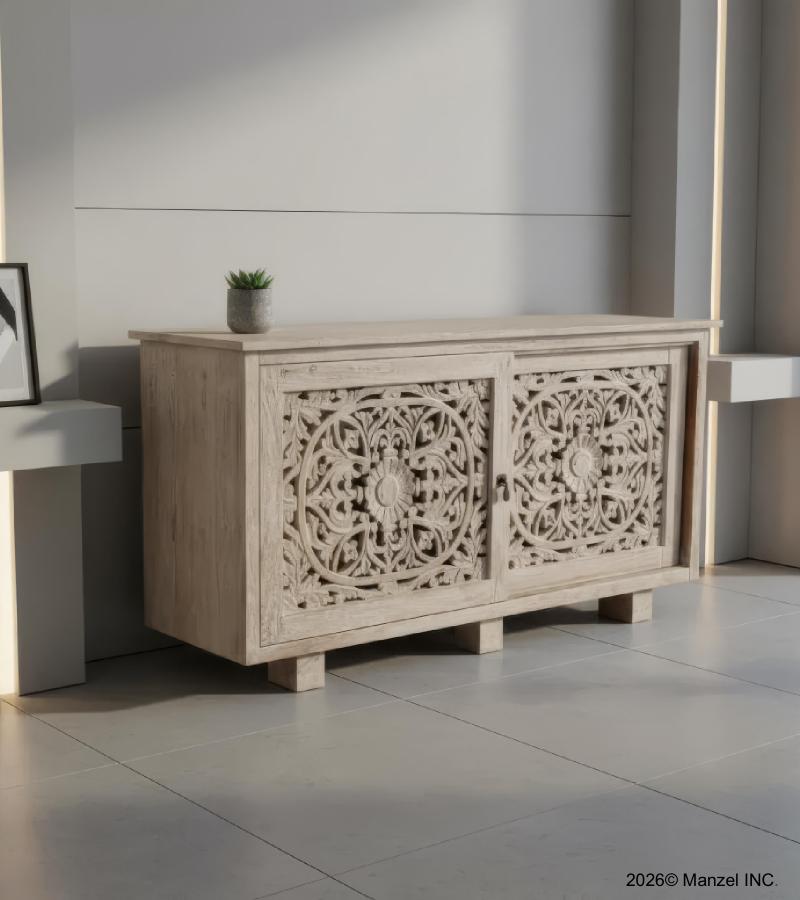HAND CARVED WOOD 2 DOOR SIDEBOARD