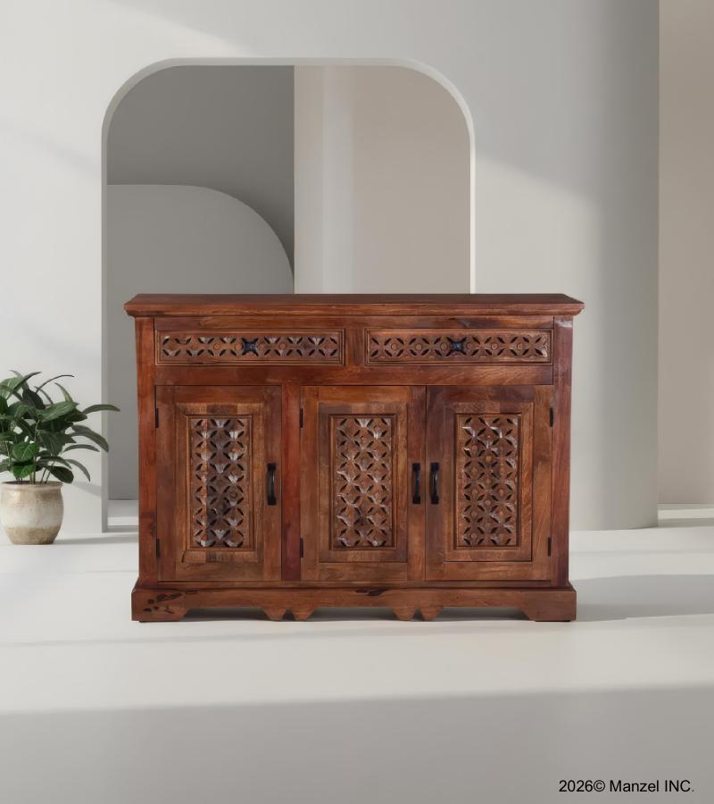 CARVED WOOD SIDEBOARD W/ 3 DOORS & DRAWERS