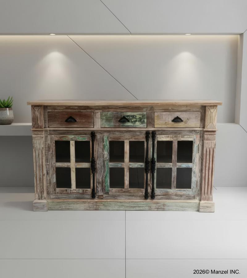 SOLID RECLAIMED TEAK WOOD & GLASS SIDEBOARD W/ 3 DRAWERS & 3 DOORS