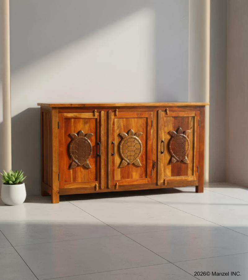 SOLID RECLAIMED TEAK WOOD CABINET SIDEBOARD W/ 3 DOORS & HAND CARVED TURTLES