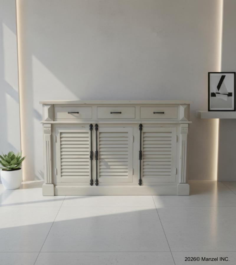 SOLID WOOD SIDEBOARD W/ 3 LOUVRED DOORS & 3 DRAWERS