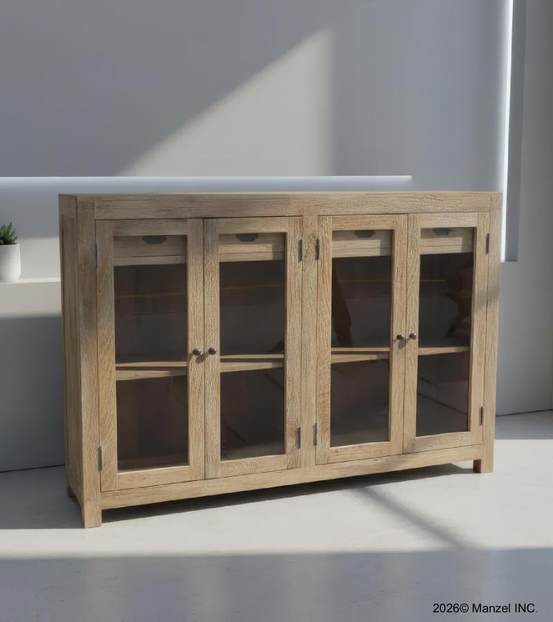 SOLID WOOD & GLASS 4 DOOR SIDEBOARD W/ DRAWERS