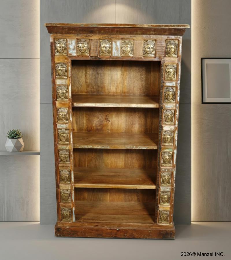 SOLID RECLAIMED TEAK BOOKCASE W/ BRASS FITTED BUDDHA