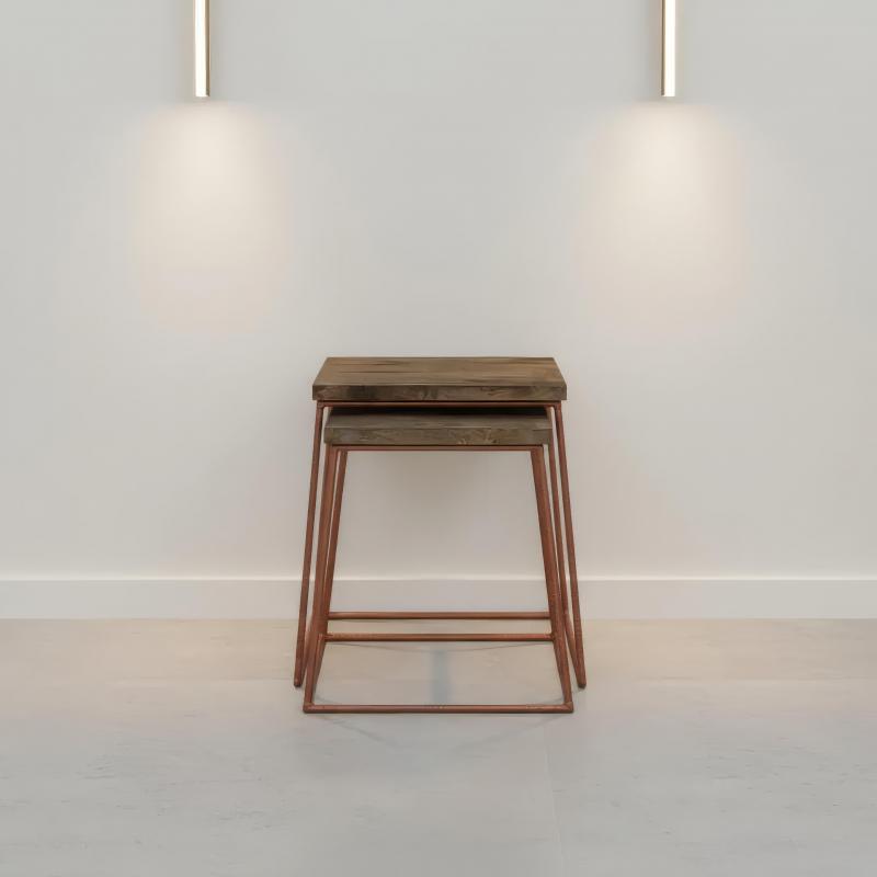 SET OF 2 SOLID WOOD & IRON END TABLES