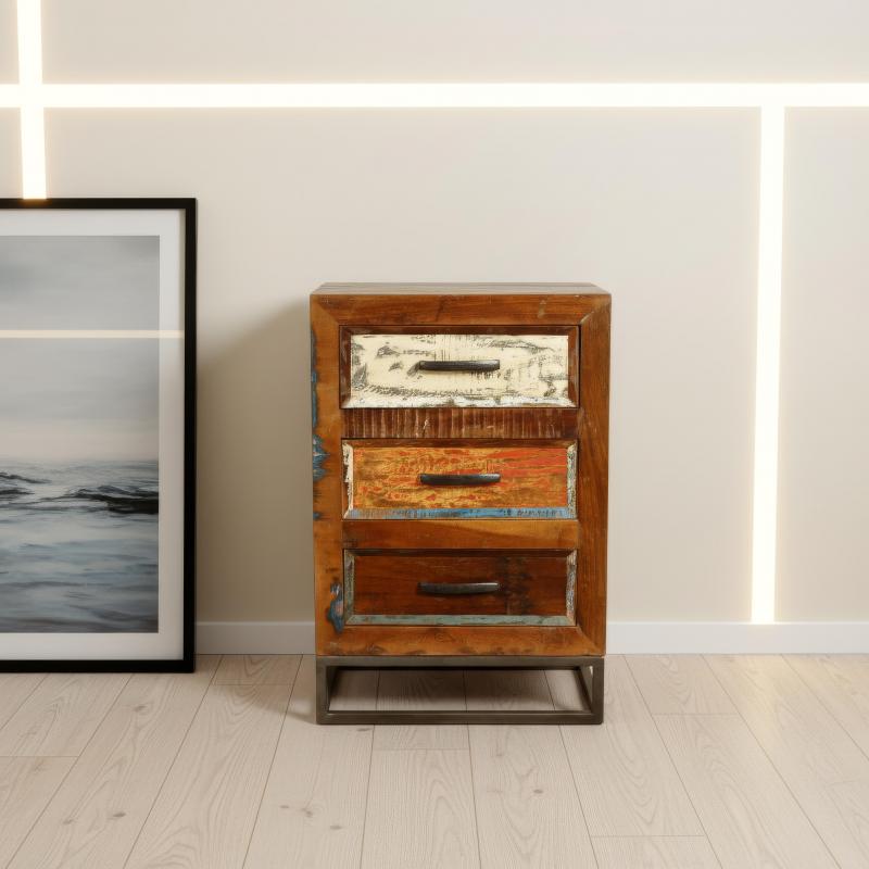 SOLID RECLAIMED TEAK WOOD END TABLE / NIGHTSTAND 3 DRAWERS