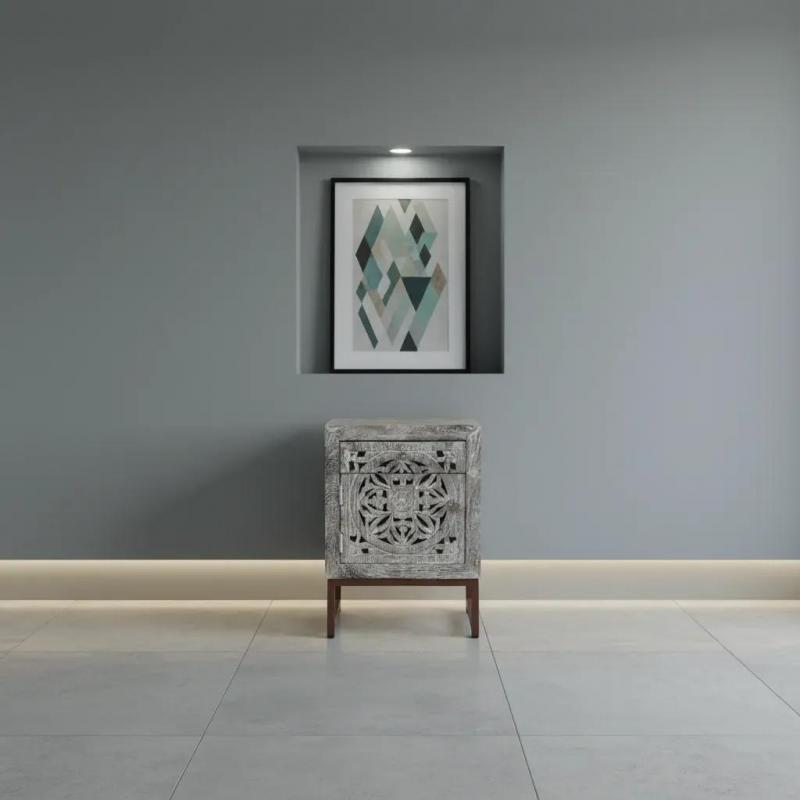 HAND CARVED SOLID WOOD & METAL SIDE TABLE