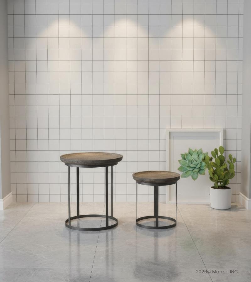 PAIR OF SOLID WOOD & IRON END TABLES