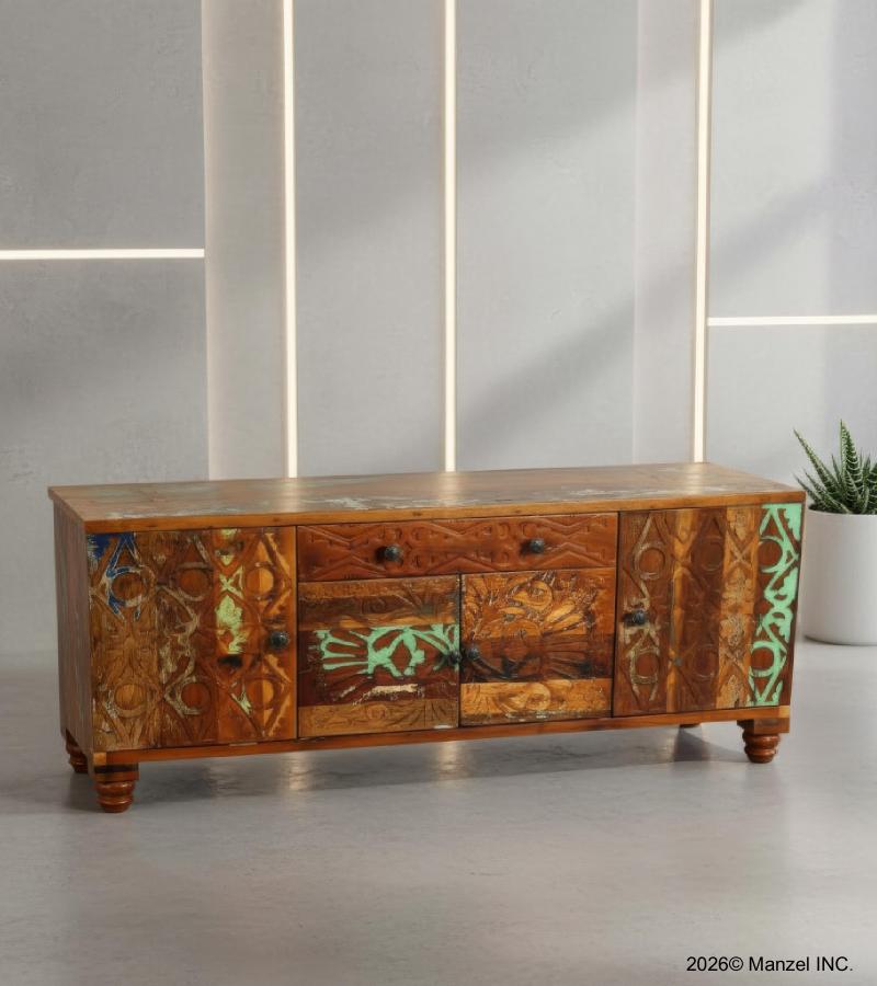 HAND CARVED RECLAIMED TEAK MEDIA CABINET SIDEBOARD