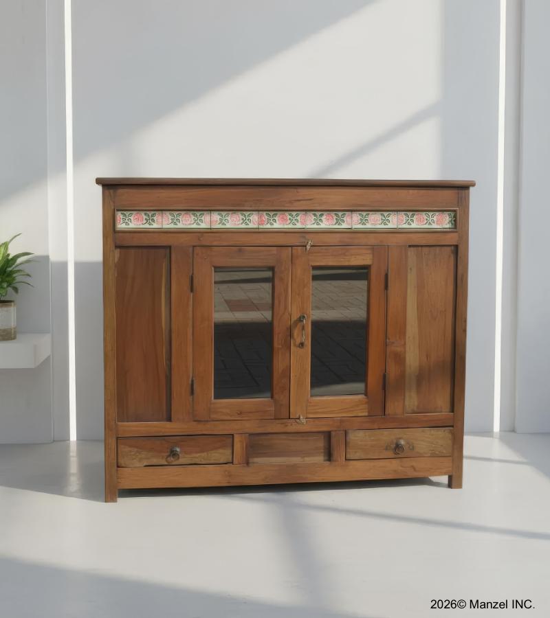 VINTAGE RECLAIMED TEAK & GLASS CABINET W/ INLAID TILE