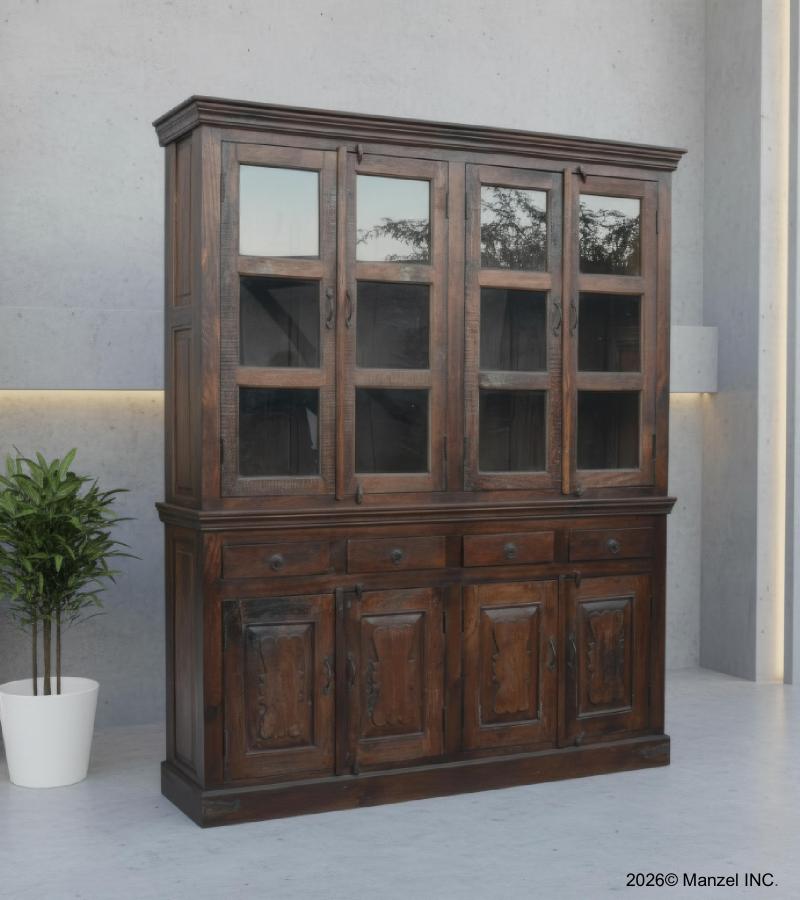 VINTAGE RECLAIMED TEAK WOOD & GLASS 2 PIECE CABINET HUTCH 